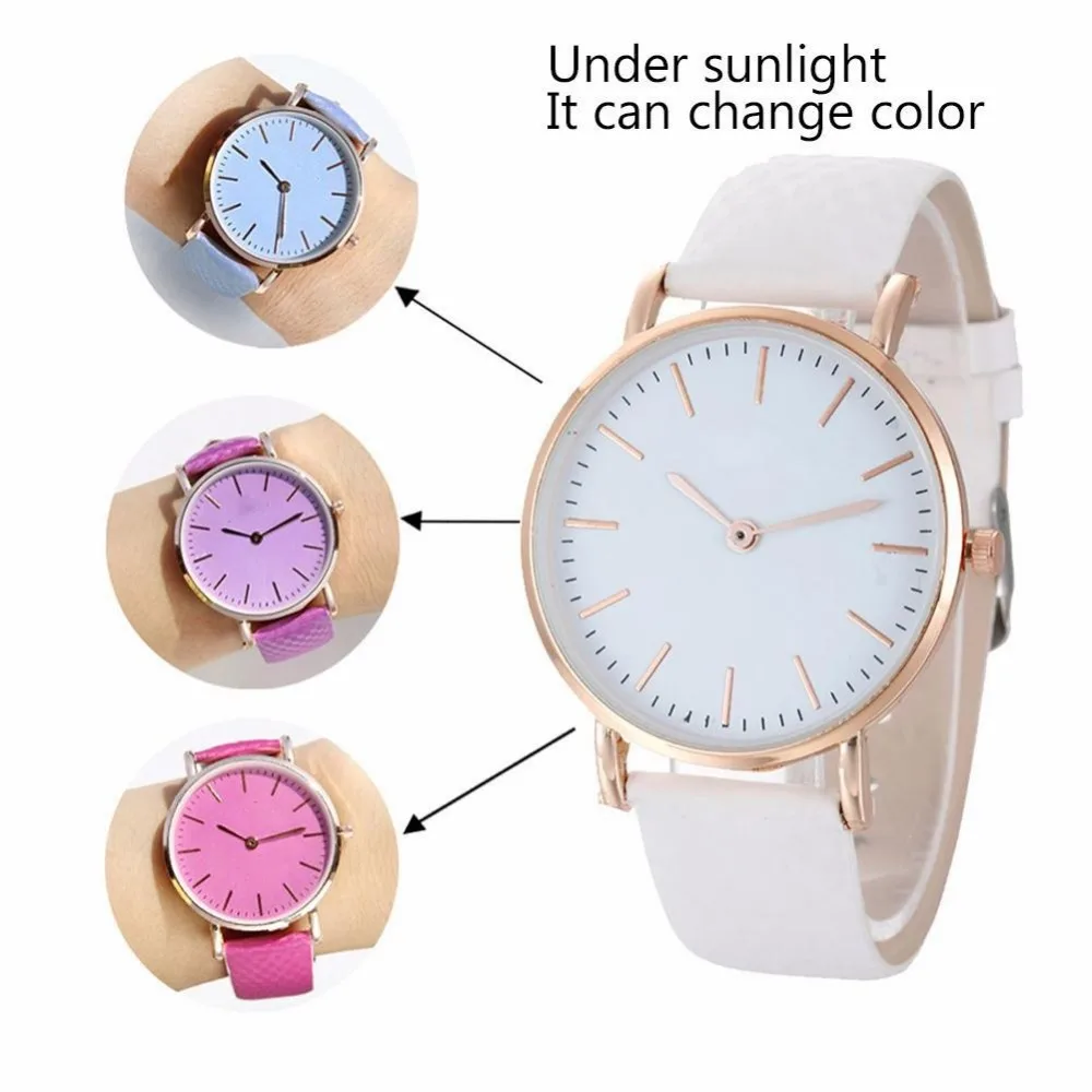 

Couple Simple UV Change Color Temperature Watch Leather Casual Female Dress Bracelet Popular Clock Luxury