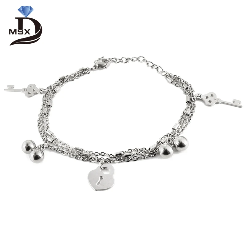 

Trendy Silver Color Woman Female Bracelets Bangles Stainless Steel Heart Lock Key Pendant Wedding Party Female Bracelet Jewellry