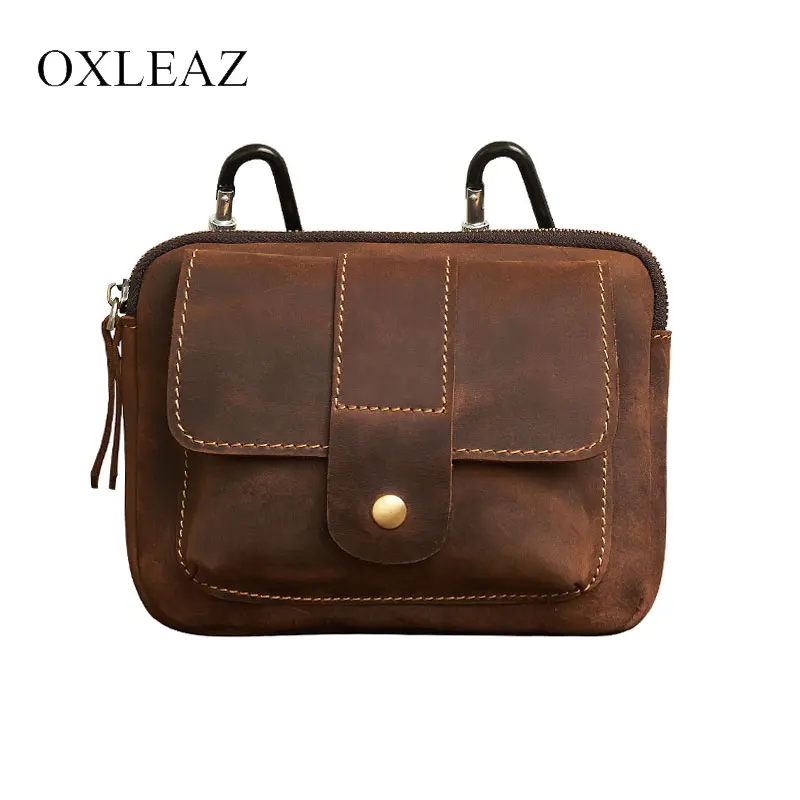 

OXLEAZ Crazy Horse Travel Genuine Leather Waist Packs Fanny Pack Belt Bag Vintage Male Small Waist Bag Leather Phone Pouch Bags