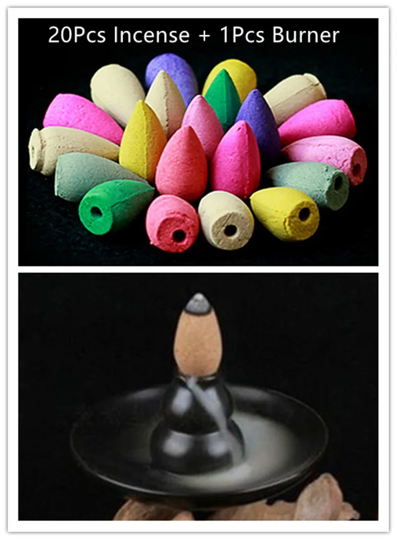 

20Pcs Mix Backflow Incense Cones With Incense Burner Colorful Fragrance Triple Scent Potpourri Flow Backwards Indoor Spices