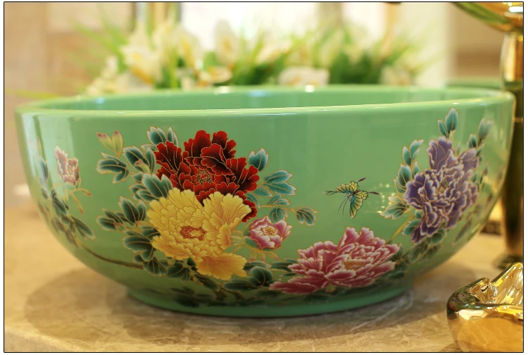 Europe Vintage Style Lavobo Ceramic Washing Basin Counter top Bathroom Sink hand painted vessel sinks Peony painting black (3)