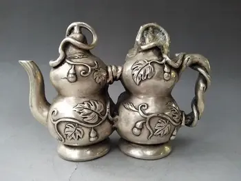 

China Antiques Tibetan silver hand made double gourd Siamese teapot wine pot