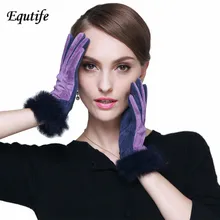 Equtife элегантные женские замшевые перчатки из свиной кожи с милой кроличьей шерстью, сохраняющие тепло Короткие наручные перчатки, Женские варежки высокого качества