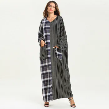 

2019 Women Muslim Abaya Dress V Neck Long Sleeve Patchwork Plaid Striped Islamic Dress Ropa Arabe Mujer Dubai Turkish Dress
