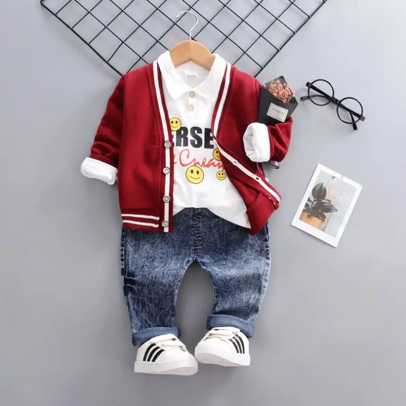

Europe America fashion kids clothes 3PCS leisure gentleman V-neck cardigan jacket+shirt+jeans kids clothes bebes jogging suits