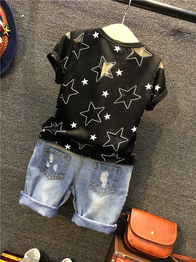 Модный комплект одежды для маленьких мальчиков, детская черная футболка с принтом звезд и рваные джинсы, 2 предмета, детская повседневная универсальная одежда