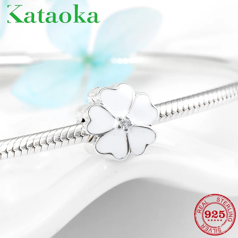 

Real 925 Sterling Silver White enamel primrose fixed clips Lock Beads Fit Original Pandora Charm Bracelet Fashion Jewelry making