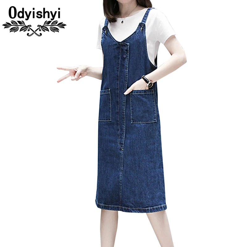 

New Summer Denim Dress Women 2019 Plus Size Cotton Dress Jeans Pocket Loose Casual 2pcs Set Strap Dresses+T-shirt Vestidos HS239