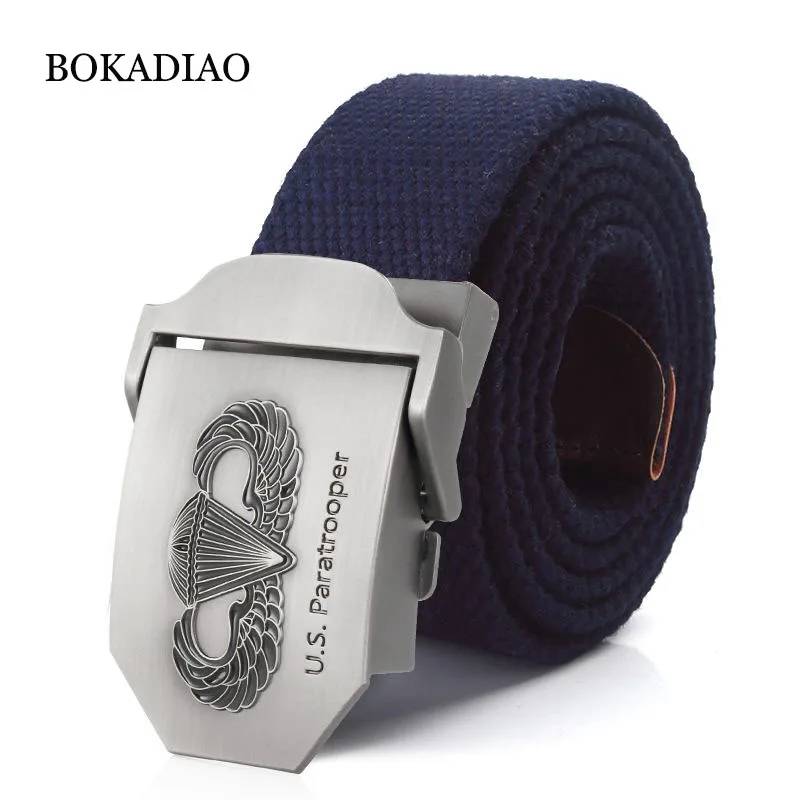 

BOKADIAO men's Canvas belt luxury US Paratrooper Metal buckle Retired soldier Military Army tactical belts for Women strap male