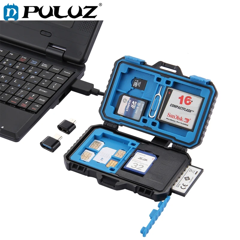 PULUZ кард-ридер+ 22 в 1 чехол для карты памяти для 1 стандартной SIM+ 2Micro-SIM+ 2Nano-SIM+ 3CF+ 7SD+ 6TF+ 1 PIN для карты