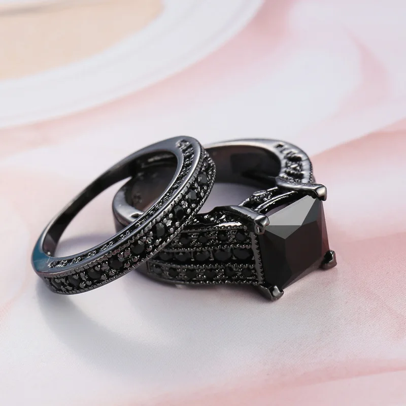 

2pcs Bridal Ring Sets Women Square Black Semi-precious Party Date Black Gold Stamp Jewelry 2018 Christmas Gift