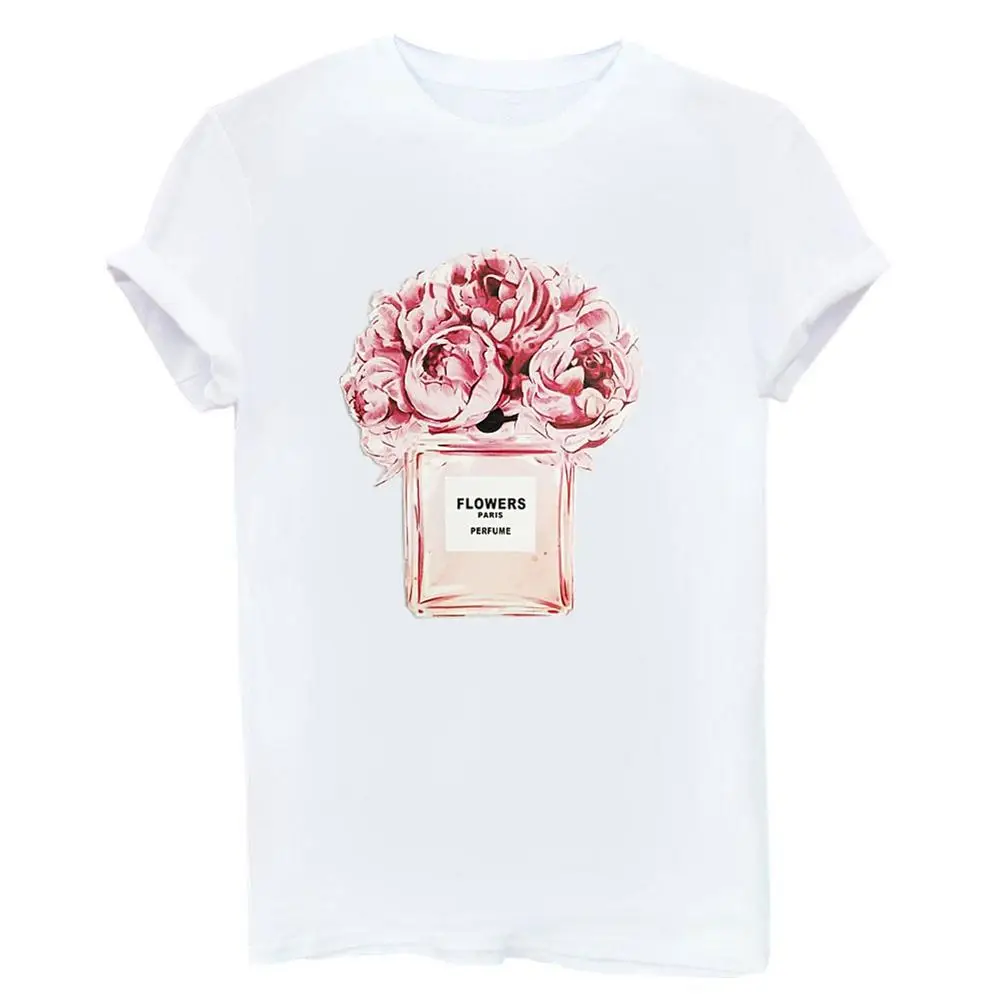 

2019 new brand spring summer fashion O-Neck loose sexy tee women top pink Rose perfume bottle T-shirt Girl tops code