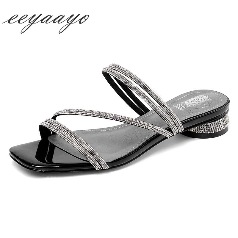 

2019 New Summer Genuine Leather Women Slippers Low Square Heel Crystal Fashion Casual Women Shoes Black Outside Mules Slides