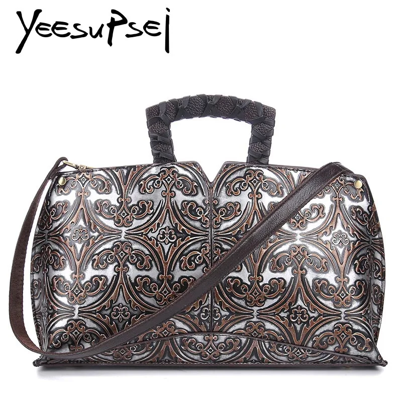 

YeeSupSei Real Leather Women Boston Handbag Solid Cowhide Leather Vintage Floral Shoulder Bag Large Capacity Pillow Women Bag