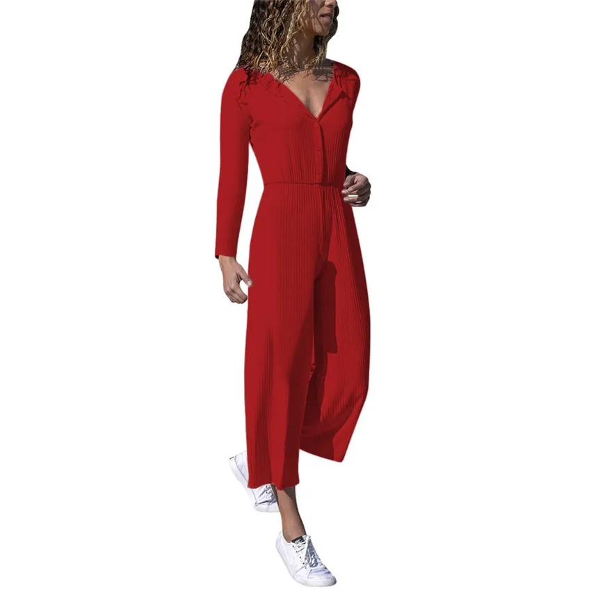 

Wide Leg Casual Jumpsuit Womens V-neck Solid soft Long Sleeve Playsuit Party Holiday Beach simplicity Rompers #0912 487g-733g