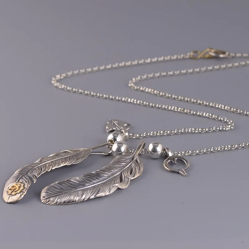 

S925 Silver Retro Thai Silver Circle Necklace Fashion Feather Pendant Set Chain Man's necklace