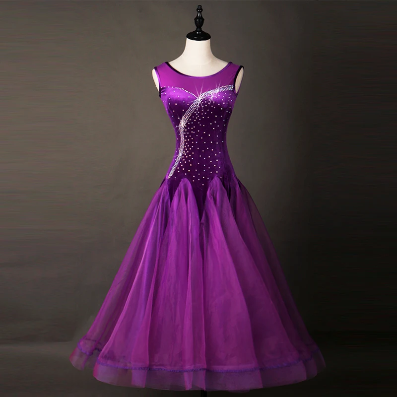 Women Purple Waltz Rumba Modern Long Dance Dress Rhinestones Standard