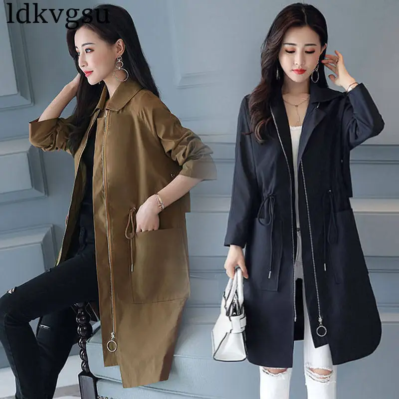 

2019 Spring Autumn New Large Size Women's Long section Slim Trench Coat Hooded Outerwear X234