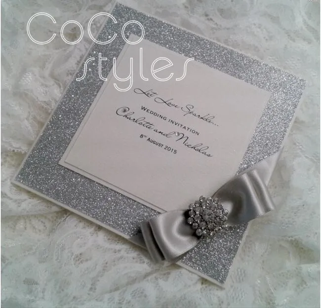  Cocostyles customized elegant glitter invitation card with brooch and ribbon for fantasy wedding in - 32890337548