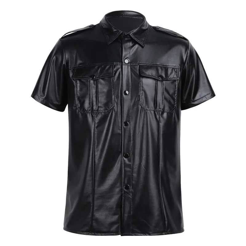 Mens sexy Soft faux leather t shirts Male black Tees tight shirts Undershirts As Police Uniform Shirt Tops with Down Collar - Цвет: Черный