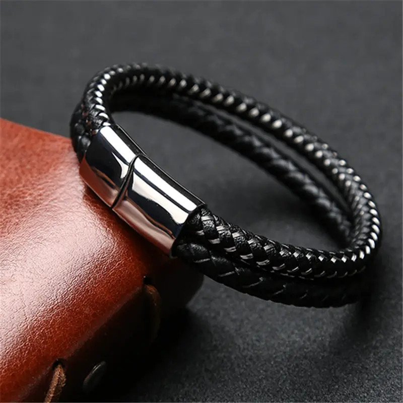

2018 Trendy 6mm Double Layer genuine leather bracelet men Stainless Steel Wire Rope Leather Charm Bracelets&Bangles Male Jewelry