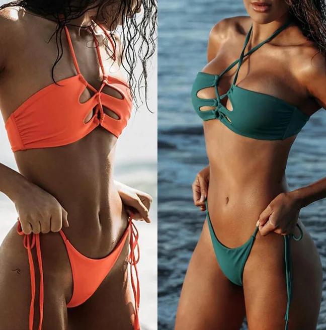 

Two-piece Bikini Set 2017 High Quality Swimwear Women Sexy Bikini Brazilian Solid Color Halter Swimsuit Biquini Bathint Suit