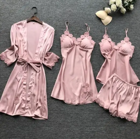 Новая женская Пижама lounge, атласная Шелковая пижама из 4 предметов, комплект домашней пижамы pijimas, сексуальная пижама с цветочным принтом, халат, набор ночных рубашек - Цвет: Розовый