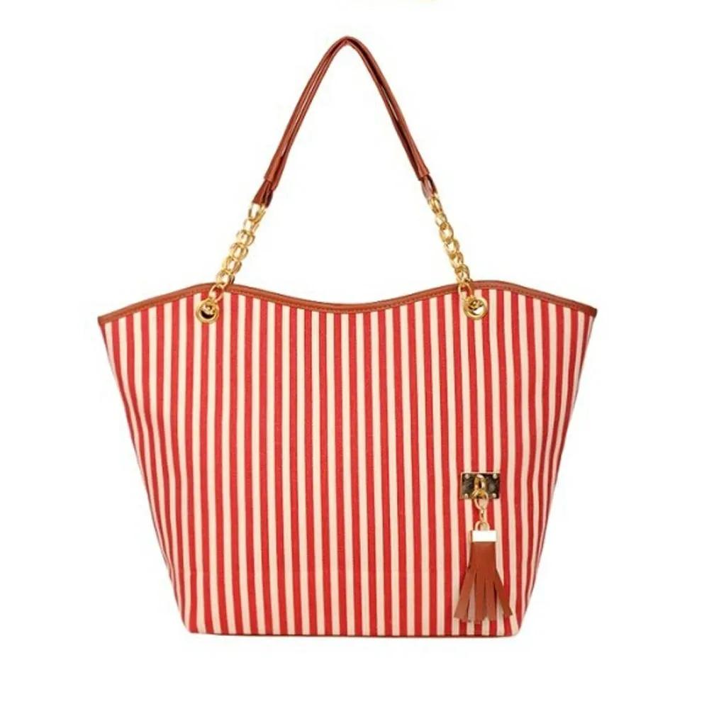 

Xiniu Women Girl Stripe Tassels Chain Canvas Handbag Shoulder Tote Shop Bag