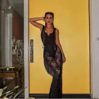 

2019 Black Bandage Tassel Jumpsuit Fashion Lace Women Sleeveless Sexy Sheath O-Neck Celebrity Summer Party Jumpsuits Clubwear