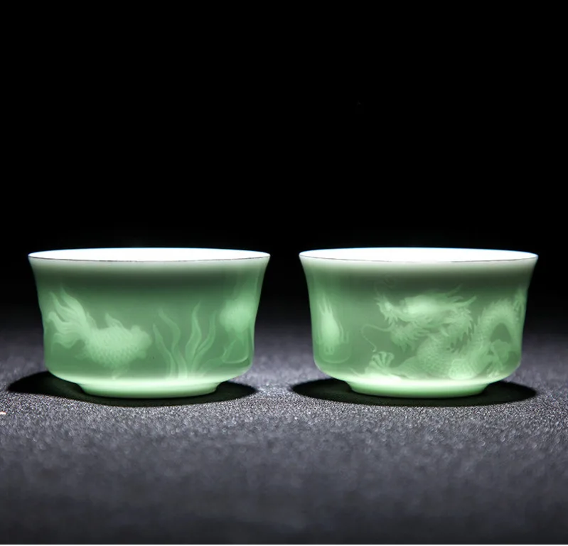 1 Pc 80ml Sculpted Hand Lotus Dragon Cup Of Tea At Jingdezhen Ceramics Celadon Kung Fu Teacups Drinkware Accessories