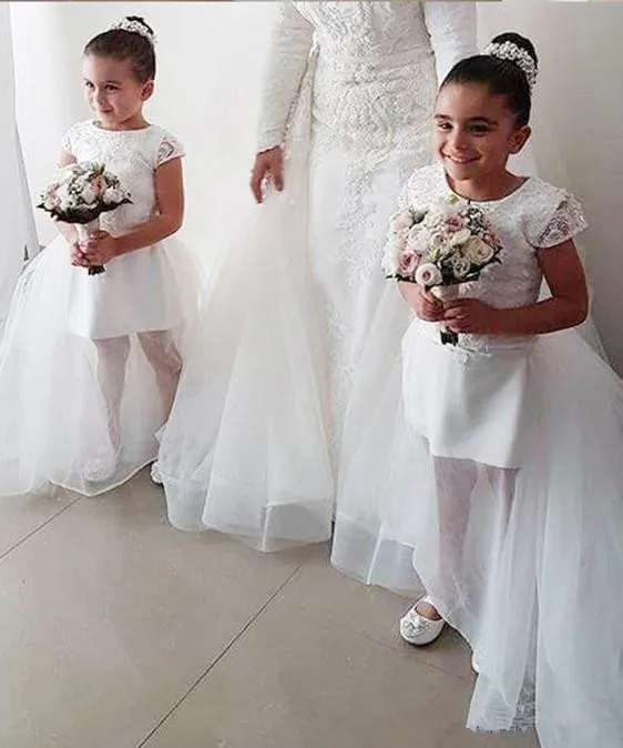 2019 Two Layers Flower Girls Dresses Jewel Short Sleeve Lace