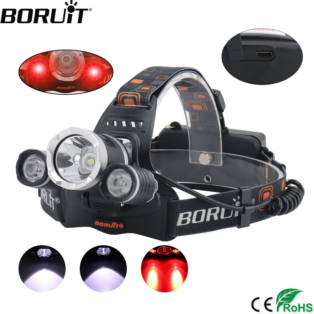 cheap BORUIT XML T6 XPE Red LED Headlamp 18650 Battery USB Charger Headlight 3 Mode Waterproof Head Torch Camping Hunting Flashlight