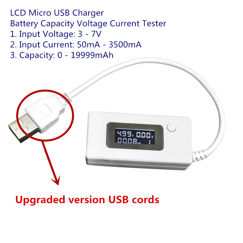 ЖК-дисплей Micro USB зарядное устройство Емкость батареи Напряжение Ток Тестер Метр Детектор белый/черный цвет+ нагрузочный резистор 2A/1A с переключателем