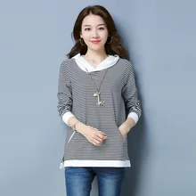 Женская Полосатая Футболка, осенняя футболка с капюшоном и воротником, эластичные футболки с длинными рукавами, все подходящие футболки, большие размеры M-5XL