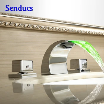 

Free shipping Three pieces LED bathroom waterfall faucet with single handle hot cold basin sink faucet by brass waterfall faucet