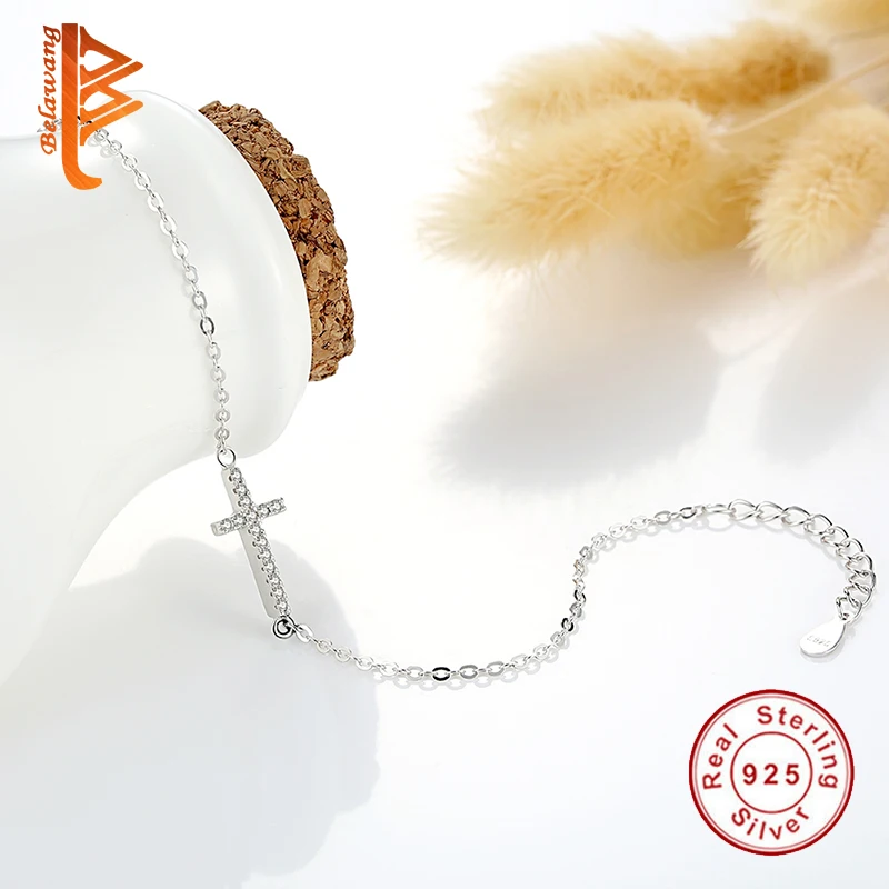 BELAWANG, роскошный 925 пробы, серебряный крест, очаровательный браслет с AAA+ крошечные кристаллы, звенья цепи, браслет для женщин, свадебные ювелирные изделия