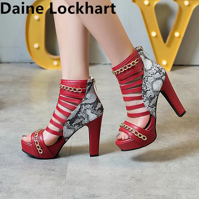 

New High Heels Summer Ladies Boot Chain Metal Decoration snakeskin Stitched PeepToe Footwear Fashion Handmade Shoes Women