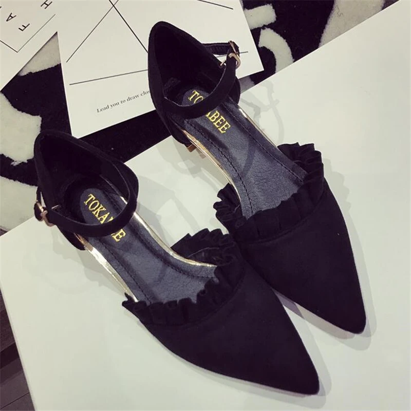 ФОТО Top Sale Women Ballerina Flats Pointed Toe Flock Ankle Strap Casual Shoes Shallow Ladies Single Shoes Big Size Zapatos XK031512