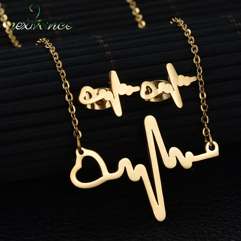 

Nextvance Gold Wave Heart Necklace Earring Set Heartbeat ECG Jewelry Set for Girls Pulse Rhythm Electrocardiogram Bijioux