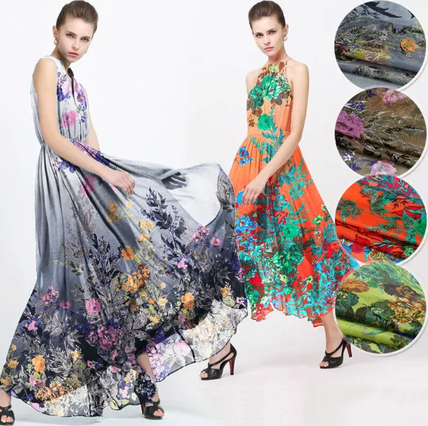 High quality Designer 100% pure natural mulberry silk chiffon fabric orange green and gray flower 1meter X148 | Дом и сад