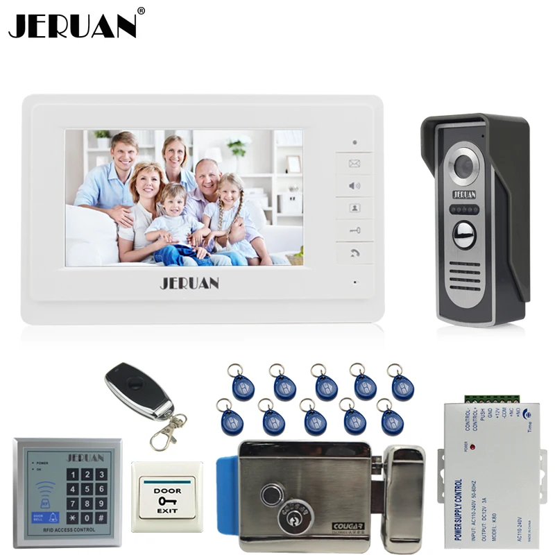 

JERUAN Home 7 inch TFT video intercom Door phone system kit 1 white Monitor 700TVL IR COMS Camera RFID Access Controller E-lock
