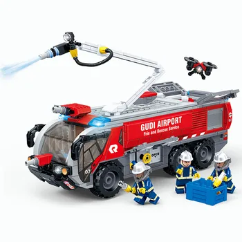 

GUDI block City Ladder Airport Fire Truck model Building Blocks kit Bricks Firemen figures Educational Toys For Children gift
