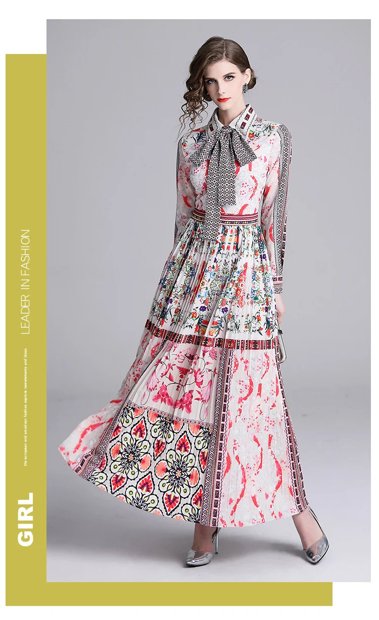 Дизайнер подиума весеннее праздничное Макси Платье женское с длинным рукавом с бантом Винтажное с цветочным принтом элегантное Плиссированное длинное платье-рубашка
