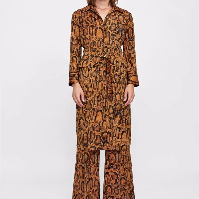 

Autumn trench women high street Leopard Print sashes collect waist mid-long outwear office lady wear lacing up cardigan coat
