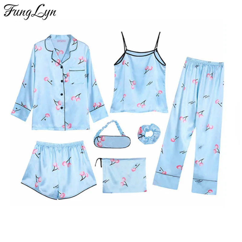 

FL046C 7 Pic Silk Pajamas Satin Pajamas Night Suit Pijama Mujer Pizama Damska Pyjama Pajama Set Pijamas Mujer Kigurumi Pajama