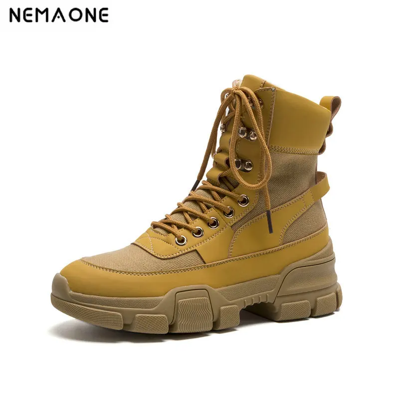 

NEMAONE Genuine Leather Ladies Ankle Boots Winter lace up Round Toe Short Western Boots Motorcycle shoes woman