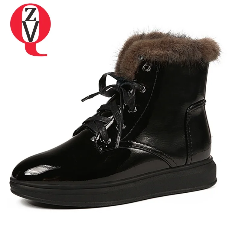 

ZVQ fur woman sneakers Patent Leather 2018 Winter plush Wool Fur Retro Spring student girl canvas Snow shoes Flat women shoes