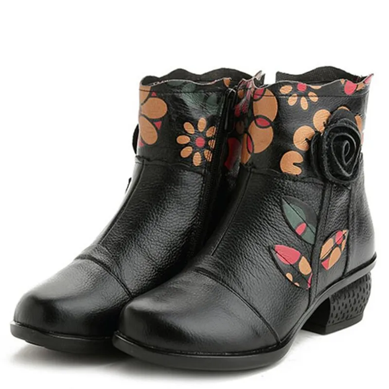 TIMETANG/Новинка года; зимняя обувь из воловьей кожи с цветочным принтом; женская модная обувь; ботильоны; теплые удобные зимние ботинки - Цвет: Черный
