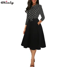 Women 3/4 Sleeve Black Red Polka Dot Patchwork Dresses Ladies Bow Tie Pocket Female Party Fit and Flare A-line Dress Vestidos Women 3/4 Sleeve Black Red Polka Dot Patchwork Dresses Ladies Bow Tie Pocket Female Party Fit and Flare A-line Dress Vestidos