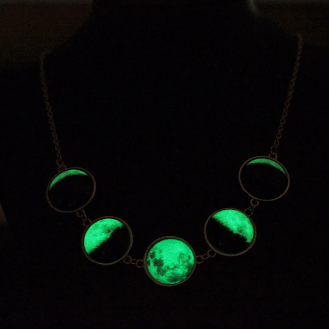 Luminous Glow in the Dark Lunar Moon Phase Glass Dome Cabochon Necklace